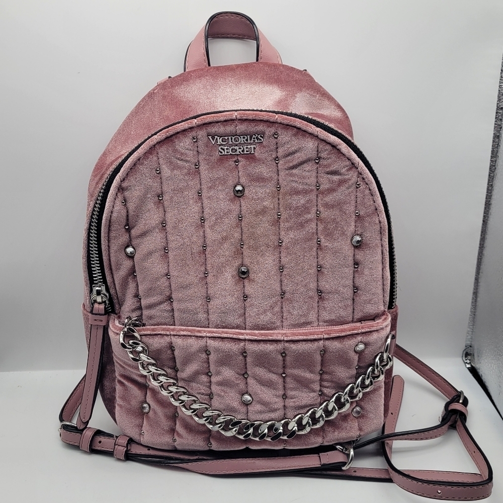 VICTORIA SECRET BACKPACK DUSTY ROSE VELOUR SHIMMER/CHAIN ACCENTS Zip Pockets - Picture 2 of 14
